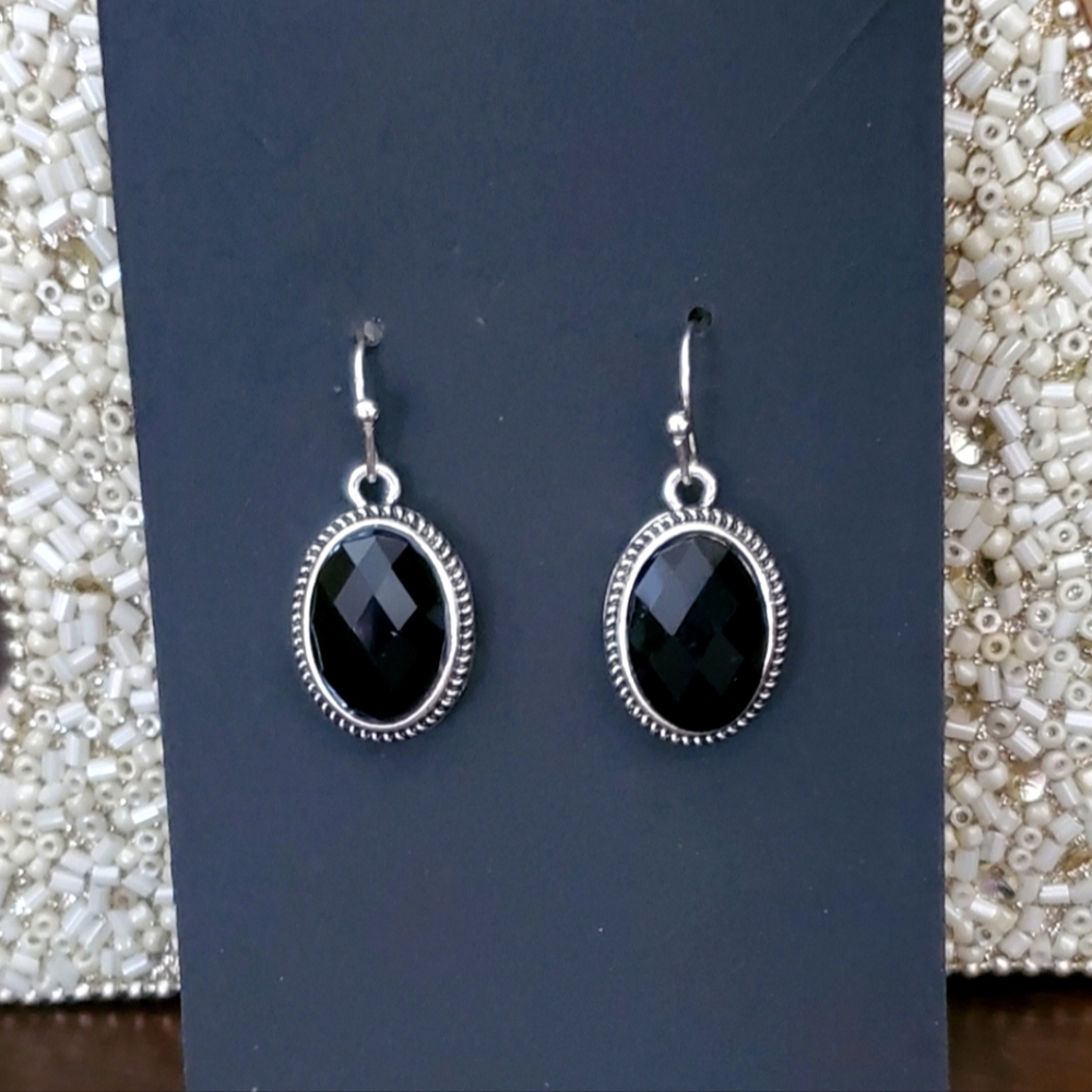 Silver & Black Oval Drop Earrings